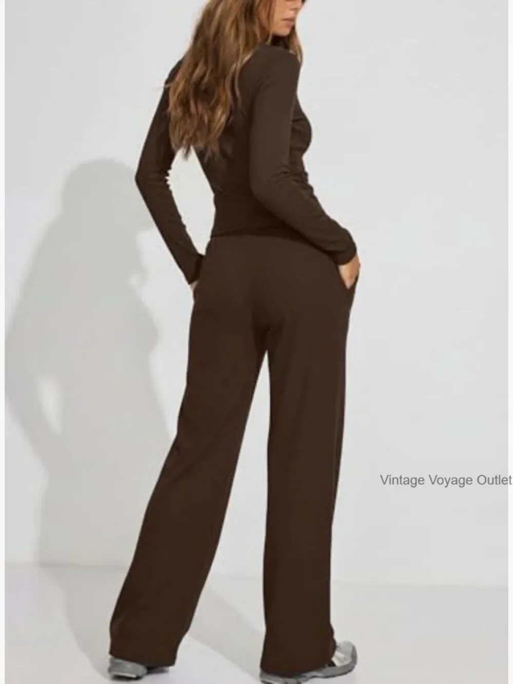 2 Piece Lounge Set Long Sleeve Henley Wide Leg Pants Travel Outfit - Picture 2 of 7